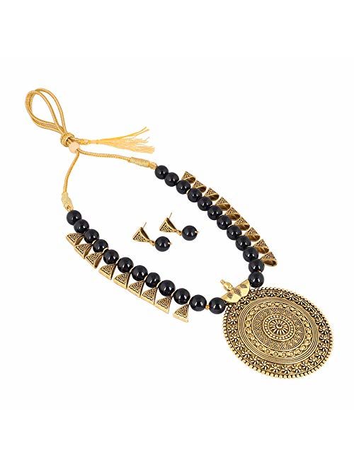 MUCH-MORE Indian Oxidized Colored Pearl Beaded Tribal Disk Necklace Set Traditional Jewelry for Women