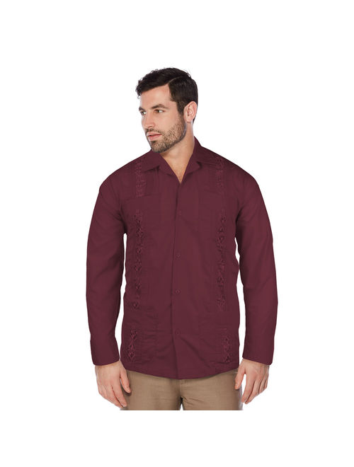 Guayabera Men's Cuban Beach Wedding Long Sleeve Button-Up Casual Dress Shirt (Burgundy,XL)