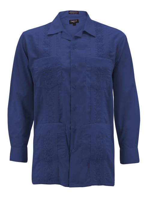 Men's Guayabera Long Sleeve Button Up Cuban Beach Casual Embroidered Dress Shirt (French Blue, M)