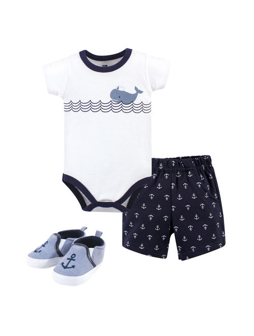 Hudson Baby Boy Cotton Bodysuit, Shorts and Shoe Outfit Set