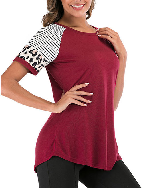 SAYFUT Round Neck Short Sleeve Shirts For Womens Striped Shirt Maternity Fashion Blouse Tops Casual T-Shir,Plus Size M-3XL/Red/Black/Gray