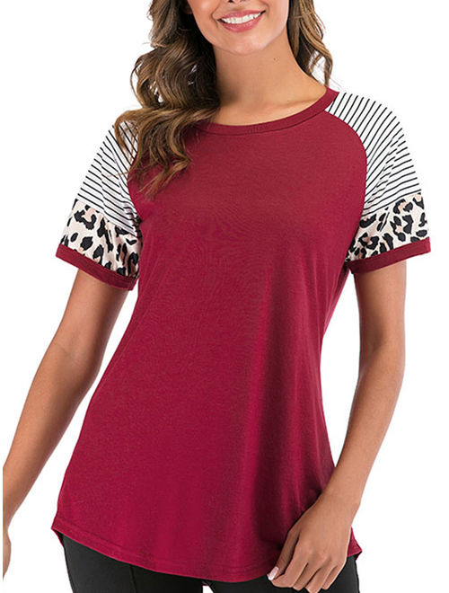 SAYFUT Round Neck Short Sleeve Shirts For Womens Striped Shirt Maternity Fashion Blouse Tops Casual T-Shir,Plus Size M-3XL/Red/Black/Gray