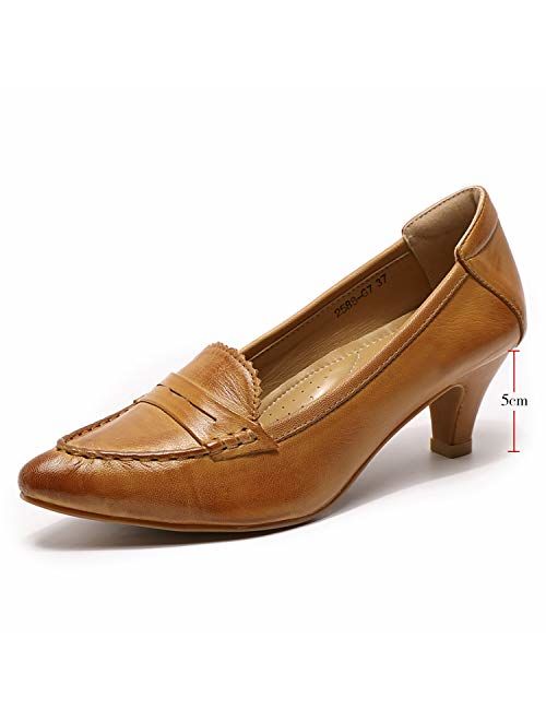 Mona flying Women's Leather Pumps Dress Shoes High Heels Med Heel Pointed Toe Formal Office Shoes for Women Ladies