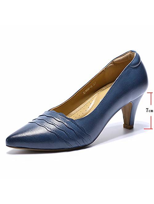 Mona flying Women's Leather Pumps Dress Shoes High Heels Med Heel Pointed Toe Formal Office Shoes for Women Ladies