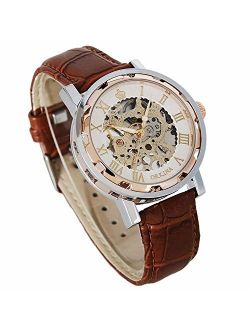 GuTe Steampunk Bling Skeleton Mechanical Hand-Wind Wristwatch Silver Rose-Gold Case