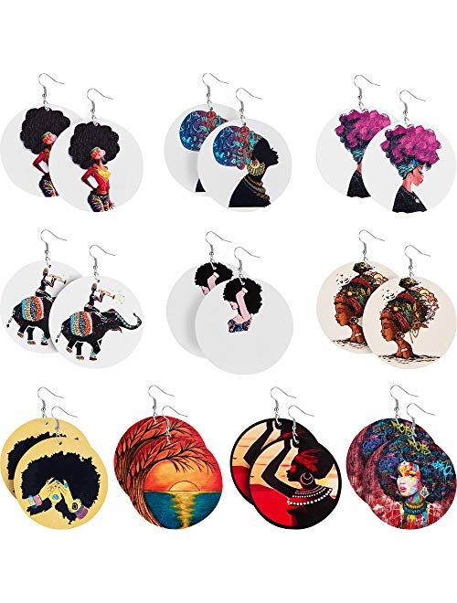 10 Pairs Round African Women Earrings Wooden Painted Earrings Ethnic Style Earring