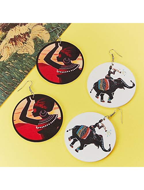 10 Pairs Round African Women Earrings Wooden Painted Earrings Ethnic Style Earring