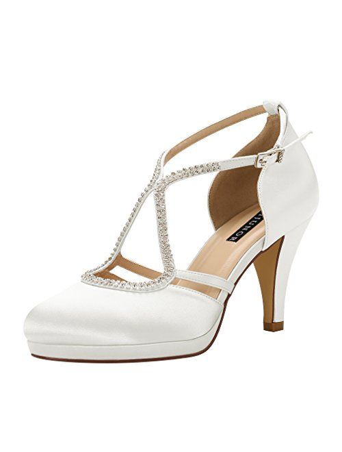 ERIJUNOR Women Comfort Low Heel Closed-Toe Ankle Strap Platform Satin Bridal Wedding Shoes