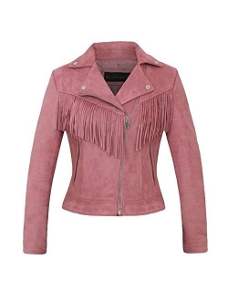 CHARTOU Women's Stylish Notched Collar Oblique Zip Suede Leather Moto Jacket