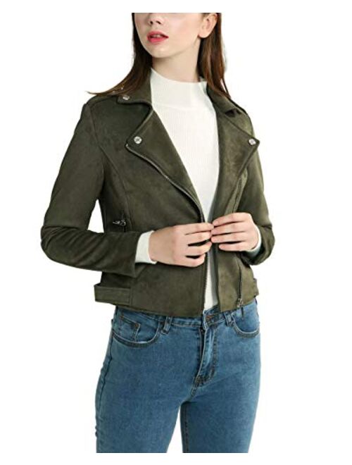 CHARTOU Women's Stylish Notched Collar Oblique Zip Suede Leather Moto Jacket