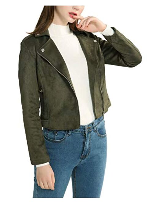 CHARTOU Women's Stylish Notched Collar Oblique Zip Suede Leather Moto Jacket