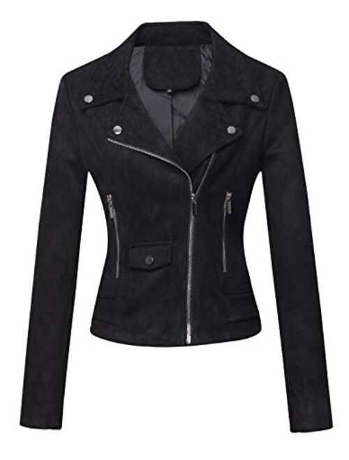 CHARTOU Women's Stylish Notched Collar Oblique Zip Suede Leather Moto Jacket