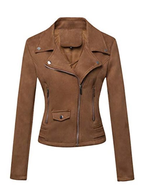 CHARTOU Women's Stylish Notched Collar Oblique Zip Suede Leather Moto Jacket