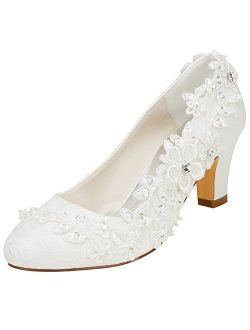 Emily Bridal 1505-1B Women's Wedding Shoes Closed Toe 2.56 Inches Chunky Heel Lace Satin Pumps with Rhinestone Lace Flower Bridal Shoes