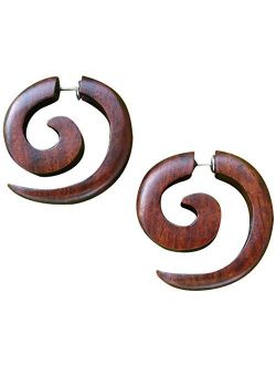 UMBRELLALABORATORY Tribal Organic Wooden Earrings Fake Gauges Sold As Pair Bohemian Jewelry Spiral Tattoo Faux Plugs tapers