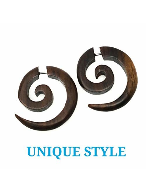 UMBRELLALABORATORY Tribal Organic Wooden Earrings Fake Gauges Sold As Pair Bohemian Jewelry Spiral Tattoo Faux Plugs tapers