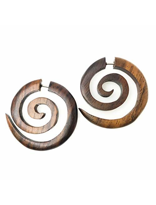 UMBRELLALABORATORY Tribal Organic Wooden Earrings Fake Gauges Sold As Pair Bohemian Jewelry Spiral Tattoo Faux Plugs tapers