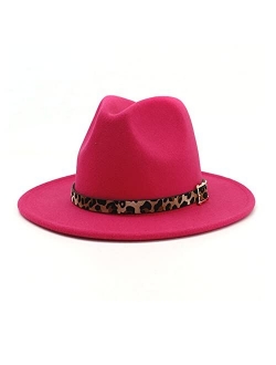 HUDANHUWEI Women's Wide Brim Felt Fedora Panama Hat with Leopard Belt Buckle