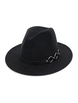 HUDANHUWEI Women's Wide Brim Felt Fedora Panama Hat with Leopard Belt Buckle