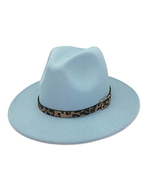 HUDANHUWEI Women's Wide Brim Felt Fedora Panama Hat with Leopard Belt Buckle