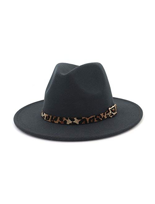 HUDANHUWEI Women's Wide Brim Felt Fedora Panama Hat with Leopard Belt Buckle