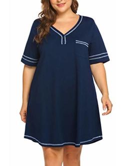 IN'VOLAND Womens Plus Size Nightgown V Neck Cotton Sleepdress Casual Pocket Short Sleeve Sleepwear(16W-28W)