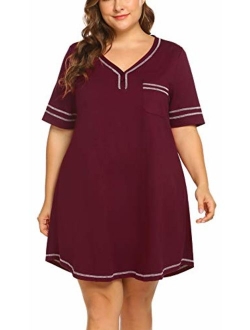 IN'VOLAND Womens Plus Size Nightgown V Neck Cotton Sleepdress Casual Pocket Short Sleeve Sleepwear(16W-28W)