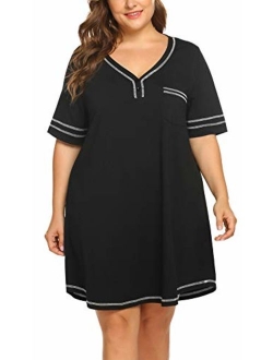 IN'VOLAND Womens Plus Size Nightgown V Neck Cotton Sleepdress Casual Pocket Short Sleeve Sleepwear(16W-28W)