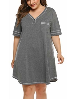 IN'VOLAND Womens Plus Size Nightgown V Neck Cotton Sleepdress Casual Pocket Short Sleeve Sleepwear(16W-28W)