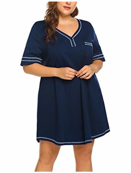 IN'VOLAND Womens Plus Size Nightgown V Neck Cotton Sleepdress Casual Pocket Short Sleeve Sleepwear(16W-28W)