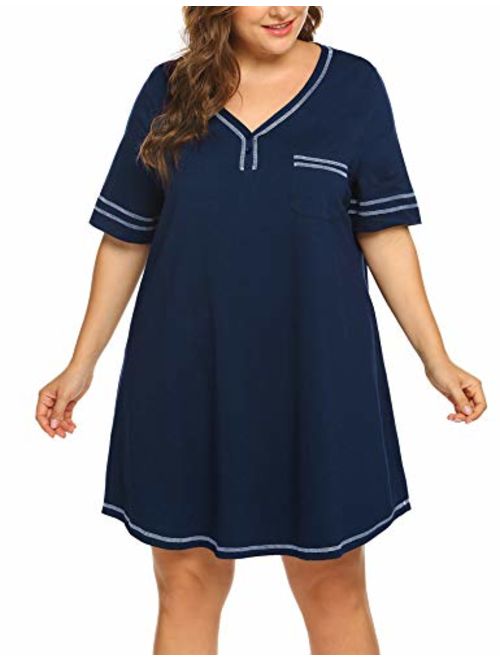 IN'VOLAND Womens Plus Size Nightgown V Neck Cotton Sleepdress Casual Pocket Short Sleeve Sleepwear(16W-28W)