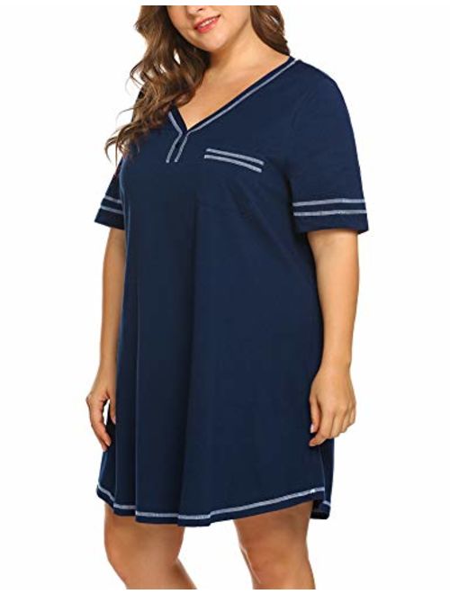 IN'VOLAND Womens Plus Size Nightgown V Neck Cotton Sleepdress Casual Pocket Short Sleeve Sleepwear(16W-28W)