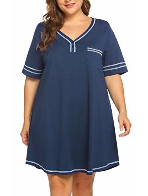 IN'VOLAND Womens Plus Size Nightgown V Neck Cotton Sleepdress Casual Pocket Short Sleeve Sleepwear(16W-28W)