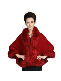 Elfjoy Luxury Bridal Faux Fur Cashmere Wool Shawl Cloak Cape Wedding Dress Party Coat for Winter