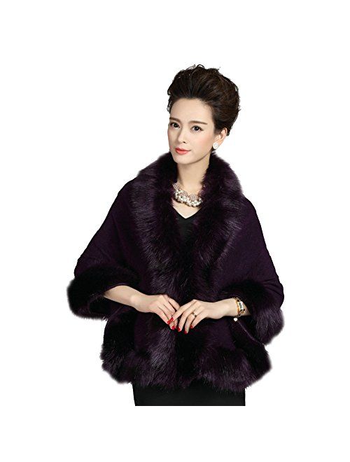 Elfjoy Luxury Bridal Faux Fur Cashmere Wool Shawl Cloak Cape Wedding Dress Party Coat for Winter