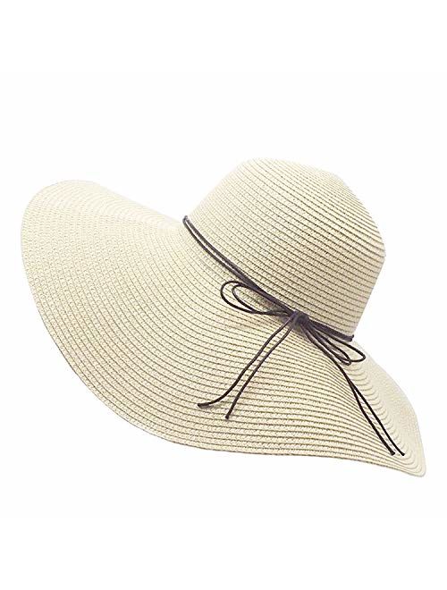 Womens Floppy Straw Hat Wide Brim Foldable Beach Cap Sun Hat for Women UPF 50+