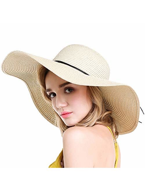 Womens Floppy Straw Hat Wide Brim Foldable Beach Cap Sun Hat for Women UPF 50+