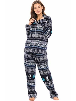 Women's Warm Fleece Pajamas, Long Button Down Pj Set