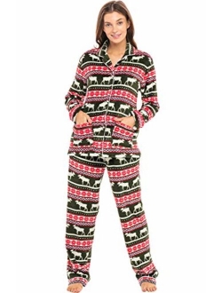 Women's Warm Fleece Pajamas, Long Button Down Pj Set