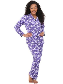 Women's Warm Fleece Pajamas, Long Button Down Pj Set