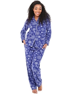 Women's Warm Fleece Pajamas, Long Button Down Pj Set