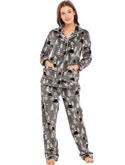 Women's Warm Fleece Pajamas, Long Button Down Pj Set