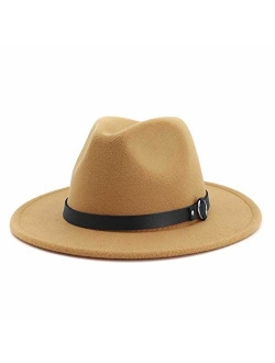 HUDANHUWEI Women's Classic Wide Brim Fedora Hat with Belt Buckle Felt Panama Hat