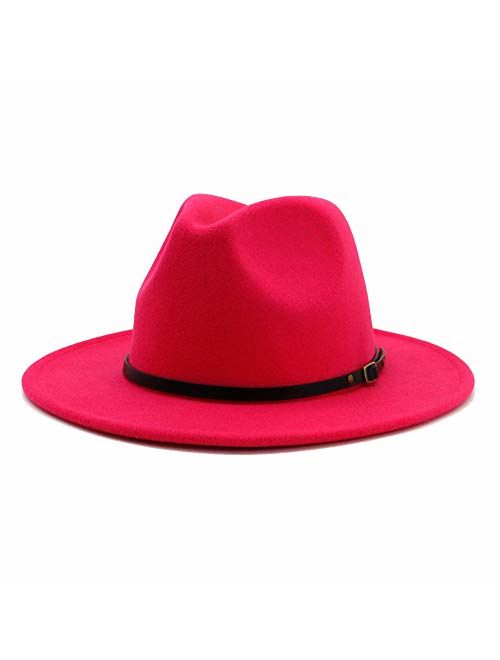 HUDANHUWEI Women's Classic Wide Brim Fedora Hat with Belt Buckle Felt Panama Hat