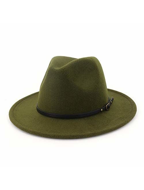 HUDANHUWEI Women's Classic Wide Brim Fedora Hat with Belt Buckle Felt Panama Hat