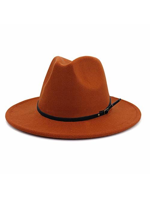 HUDANHUWEI Women's Classic Wide Brim Fedora Hat with Belt Buckle Felt Panama Hat