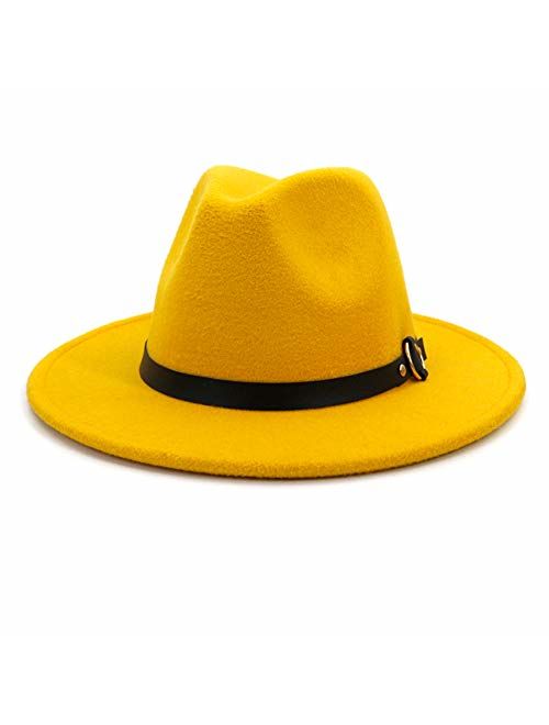 HUDANHUWEI Women's Classic Wide Brim Fedora Hat with Belt Buckle Felt Panama Hat