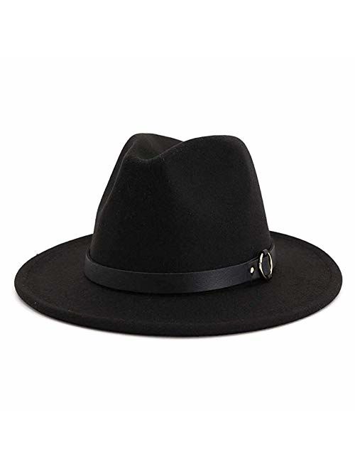 HUDANHUWEI Women's Classic Wide Brim Fedora Hat with Belt Buckle Felt Panama Hat