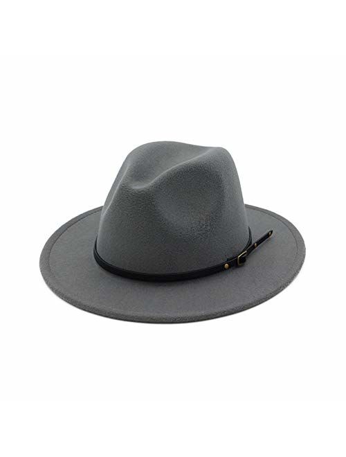 HUDANHUWEI Women's Classic Wide Brim Fedora Hat with Belt Buckle Felt Panama Hat