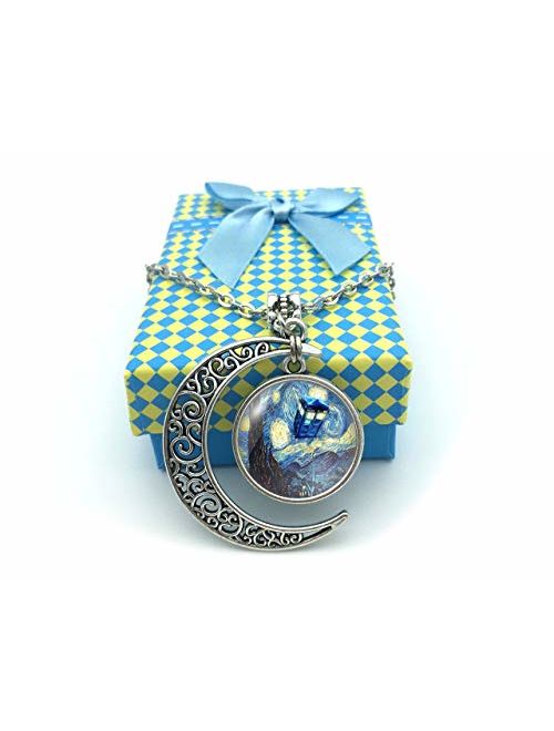 ALNDA Moon Necklace Doctor Who The Tardis Crescent Pendant Vincent Van Gogh Starry Night Charms Gift for Women